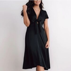 Baltic Born Women's Black Poppy Satin Midi Dress Tie Front Size Large